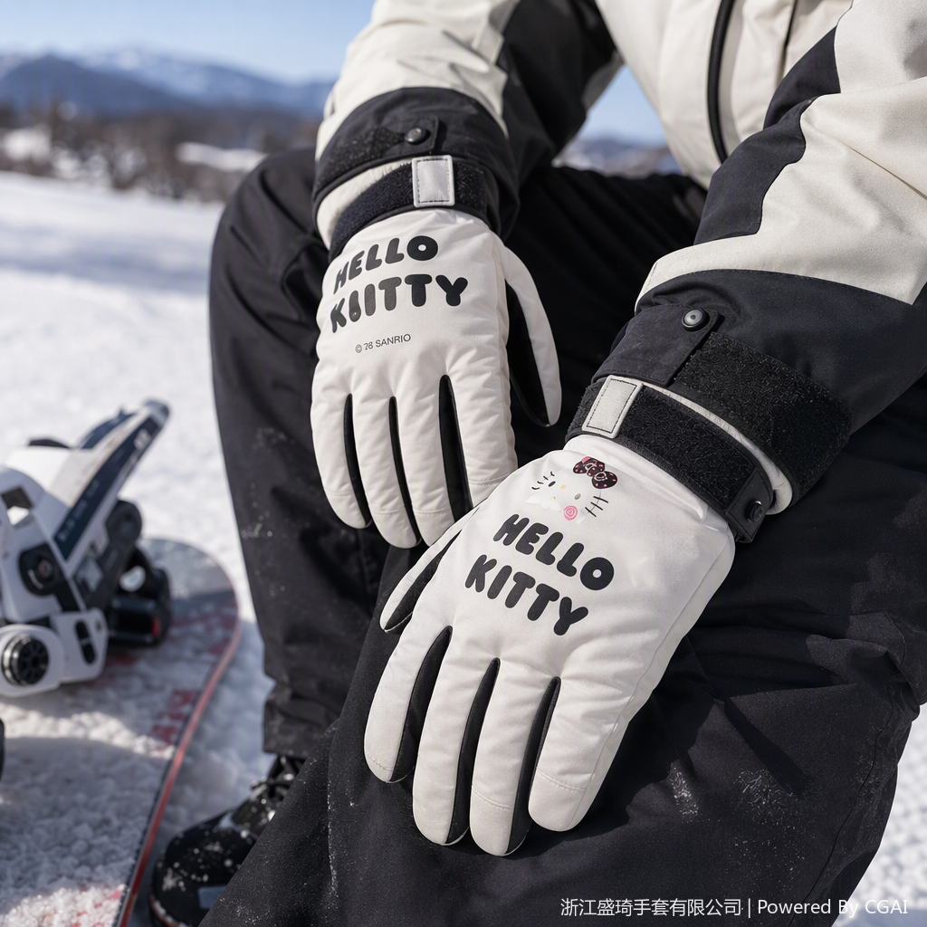 White black-edged ski gloves with printed cartoon patterns, warm and windproof winter sports gloves for both men and women details Picture