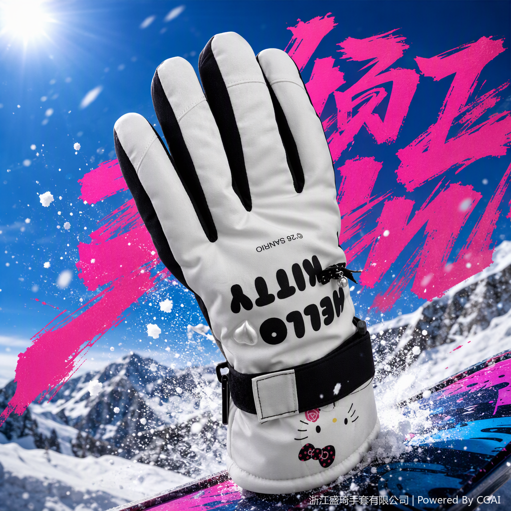 White black-edged ski gloves with printed cartoon patterns, warm and windproof winter sports gloves for both men and women Specification image