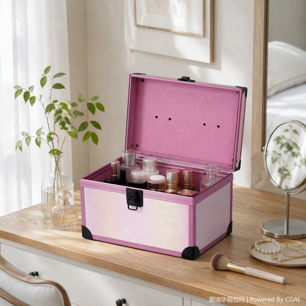 Three-piece set: Iridic pearl pink aluminum frame makeup box, black corner reinforced lock hand-held storage box, pink inner large-capacity beauty box, nail art toolbox, home jewelry storage box, exquisite and portable, Aidihua 070SZ Specification image
