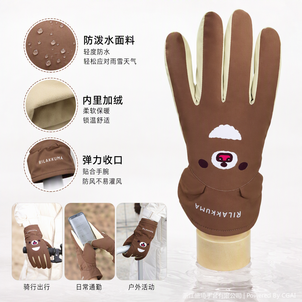 Cute cartoon gloves for warm hands for boys, girls and children in brown style in autumn and winter. Colorful warm and cold-proof hand care products