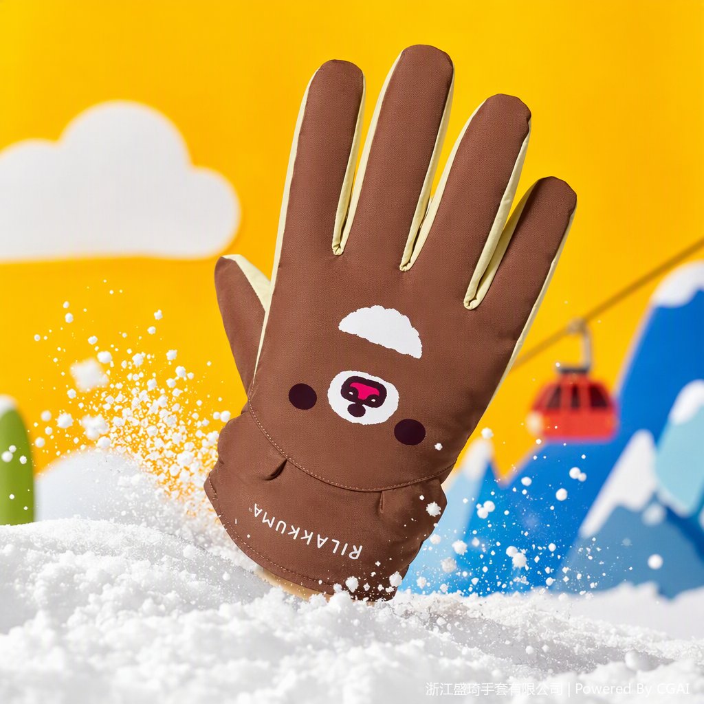 Cute cartoon gloves for warm hands for boys, girls and children in brown style in autumn and winter. Colorful warm and cold-proof hand care products Specification image