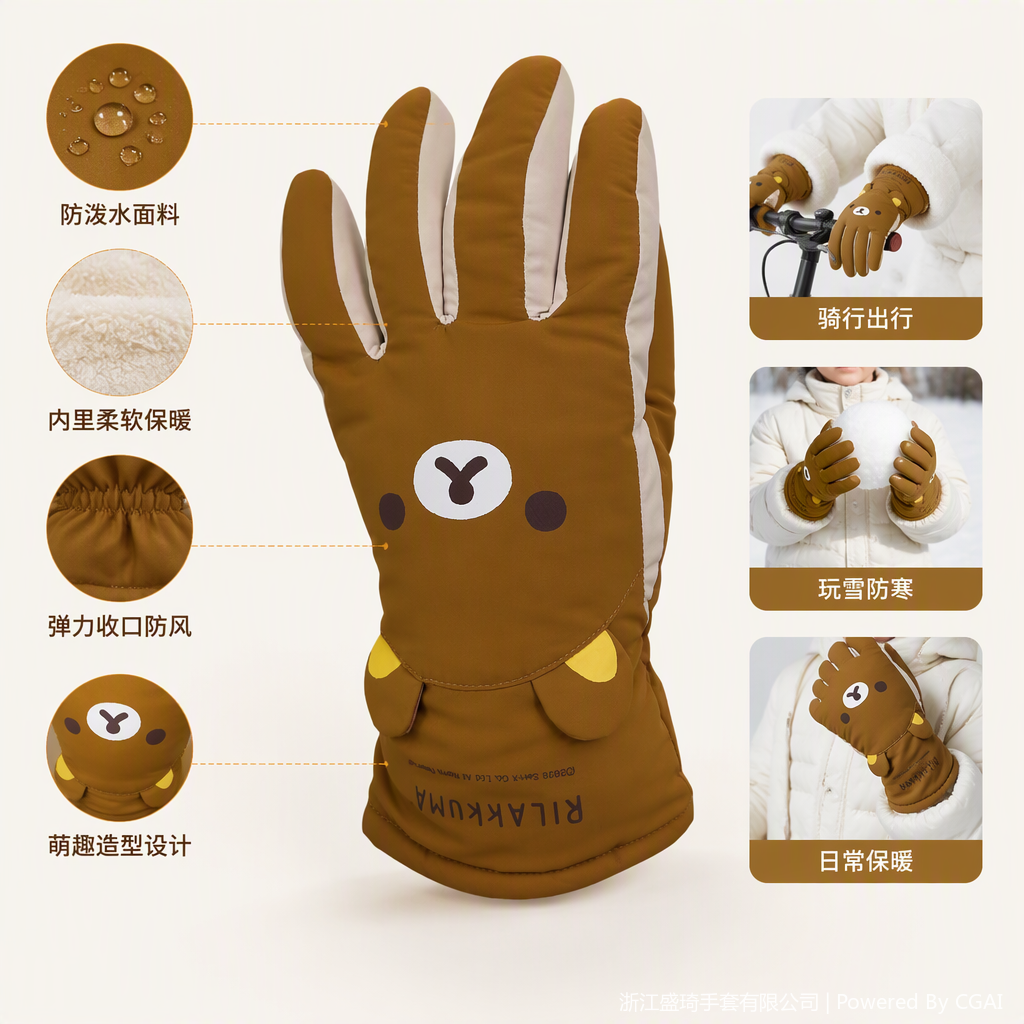 Cute cartoon-style brown gloves for boys and girls, a warm and comfortable children's gift for autumn and winter