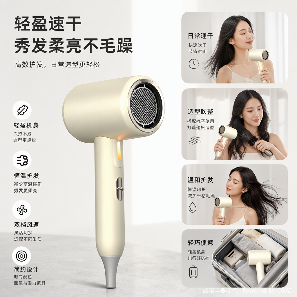 Multi-functional negative ion high-power household hair dryer, quick hair drying and care, silent portable model Specification image