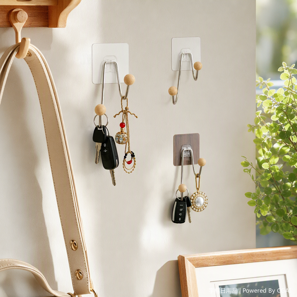 Multi-functional metal hook with wooden beads key pendant, creative hanging accessory for home storage and decoration details Picture