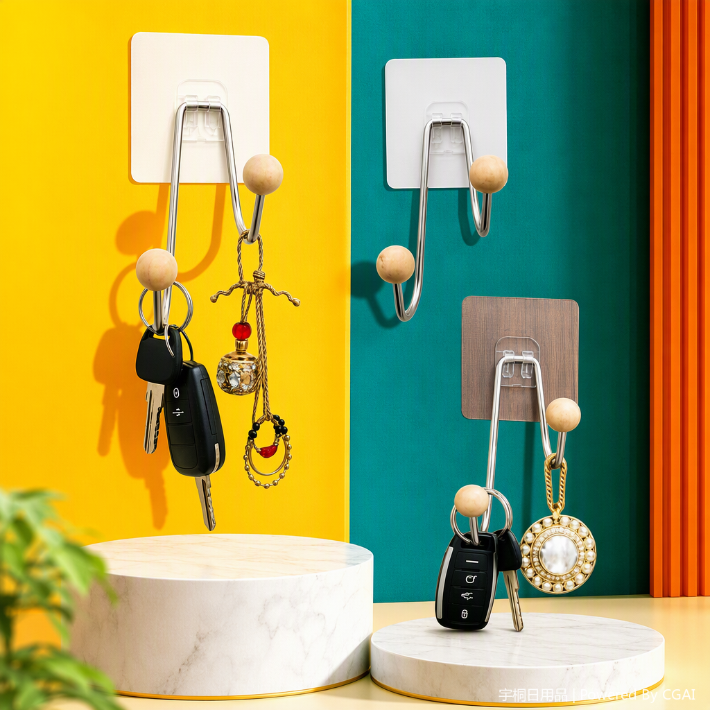 Multi-functional metal hook with wooden beads key pendant, creative hanging accessory for home storage and decoration Specification image