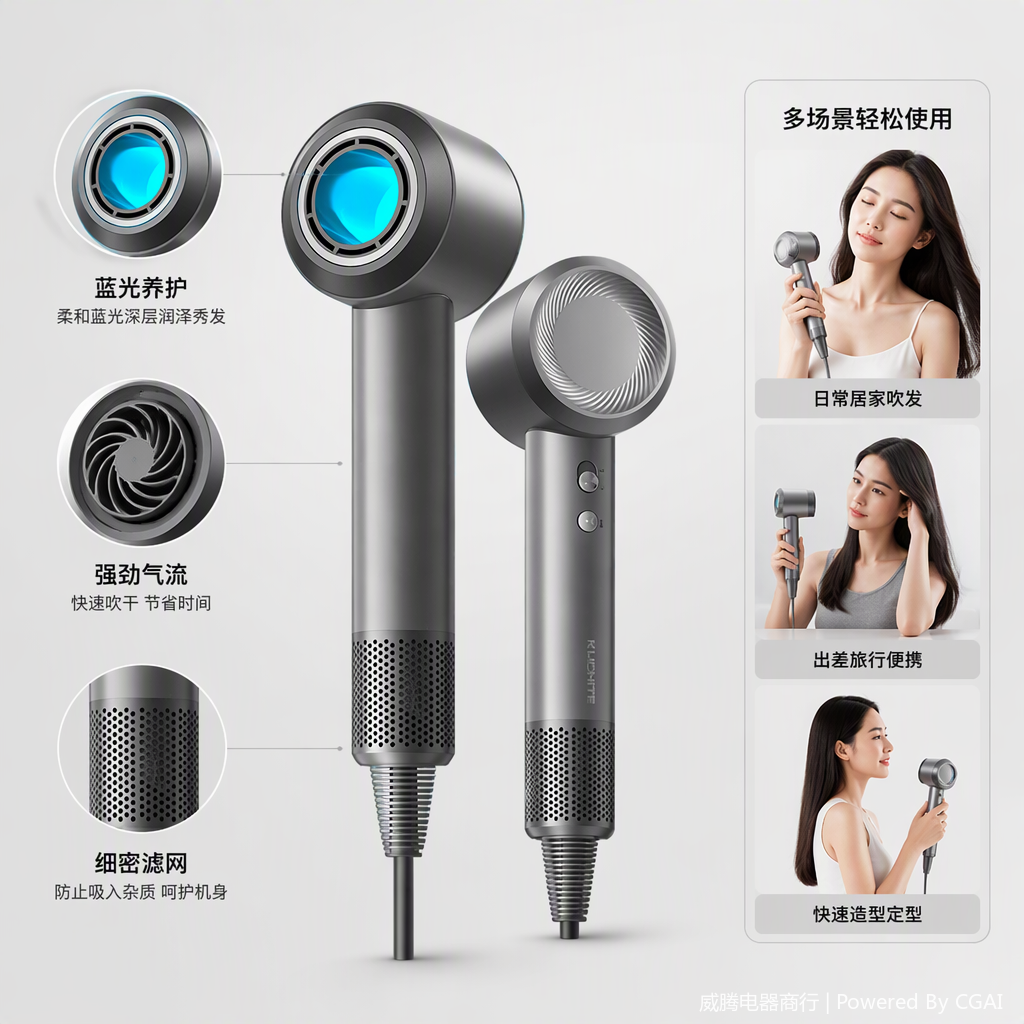 A multi-functional negative ion fast-drying hair dryer, portable and silent home hair care wonder, with strong power and powerful wind force details Picture