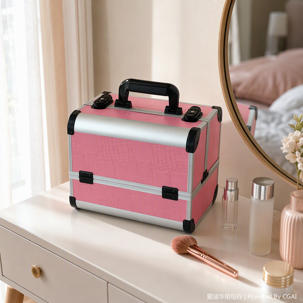 Crocodile-patterned aluminum frame makeup box, hand-held three-layer open tray, large-capacity storage box, reinforced corner guard, double-lock design, professional makeup artist toolbox, home portable, exquisite, high appearance level organization and storage box, Adihua 1503EY