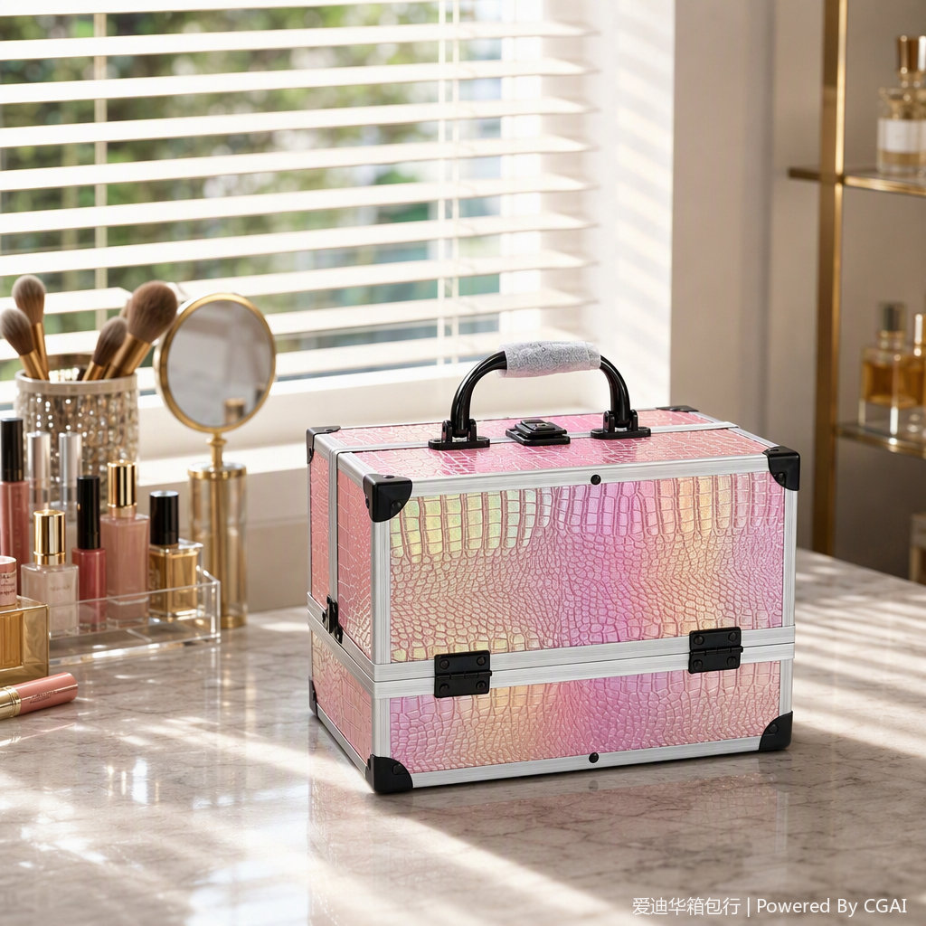 Iridery crocodile pattern aluminum frame makeup box, hand-held double opening tray, large capacity storage box, reinforced corner guard, lock, professional makeup artist toolbox, home makeup and nail art, high appearance level, portable storage box, Adihua 232SP