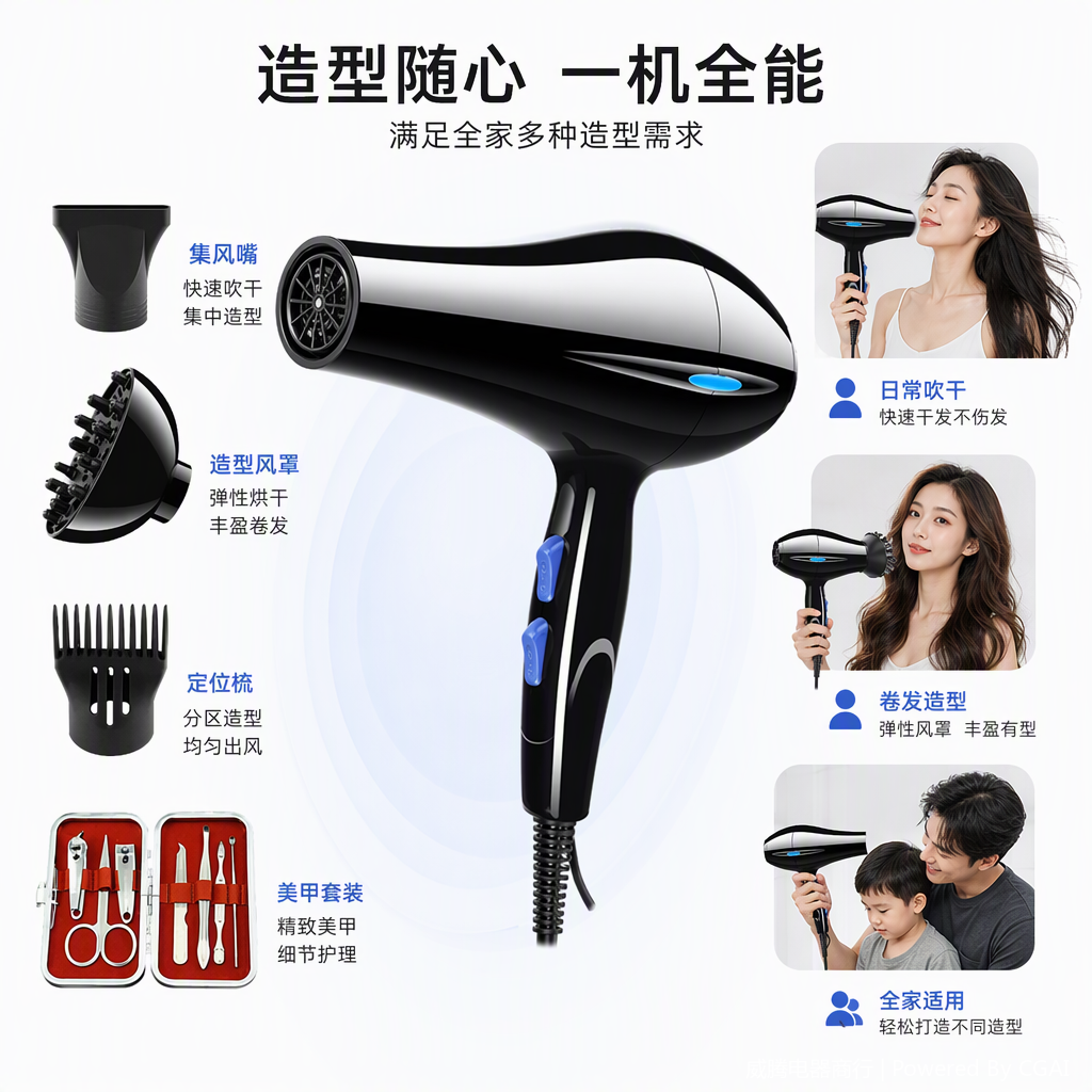A multi-functional negative ion rapid drying power generation hair dryer, a portable household silent hair care and styling wonder