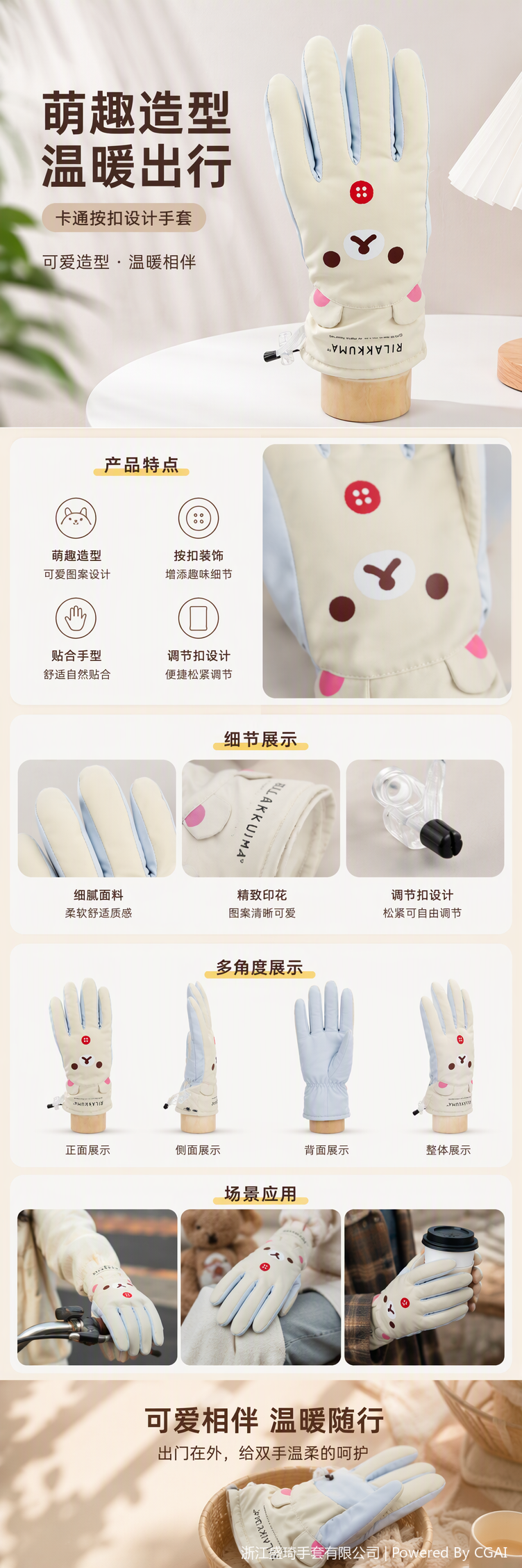 Cartoon-style beige gloves for warmth and cold protection, cute hand products for boys and girls in autumn and winter pic 1