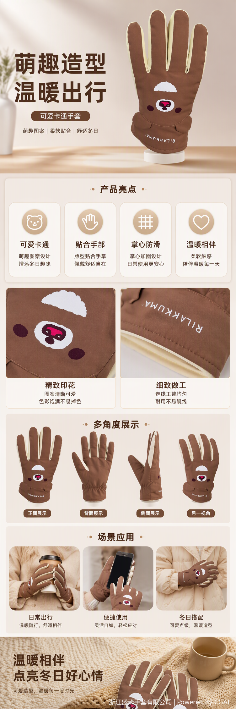 Cute cartoon gloves for warm hands for boys, girls and children in brown style in autumn and winter. Colorful warm and cold-proof hand care products pic 1