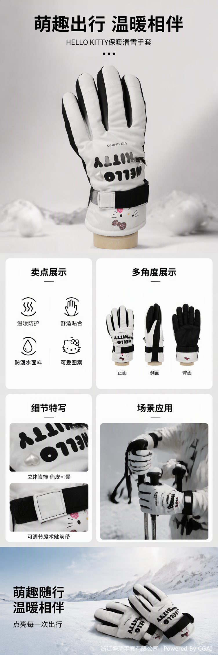 White black-edged ski gloves with printed cartoon patterns, warm and windproof winter sports gloves for both men and women pic 1