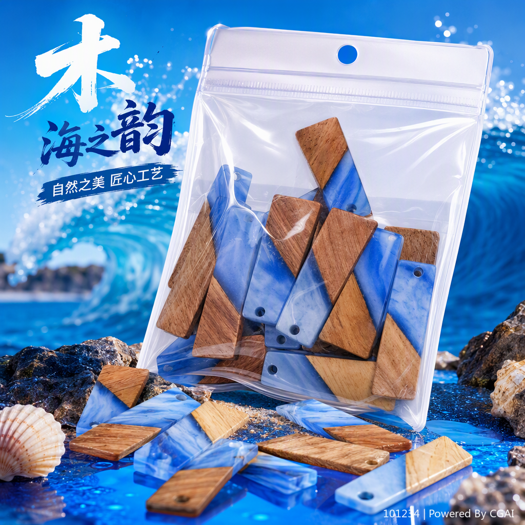 Transparent plastic bags for storing long, spliced blue wood pendants, accessories, hanging ornaments and other items Specification image