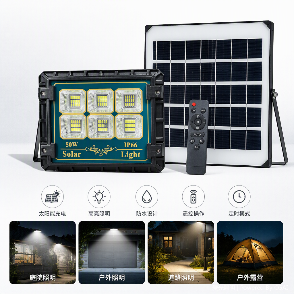 Green Gold Leopard model exclusively for foreign trade, black solar kitchen and bathroom light strip with six LED beads, 50W waterproof IP66 remote control panel for outdoor lighting, multiple power options available Specification image