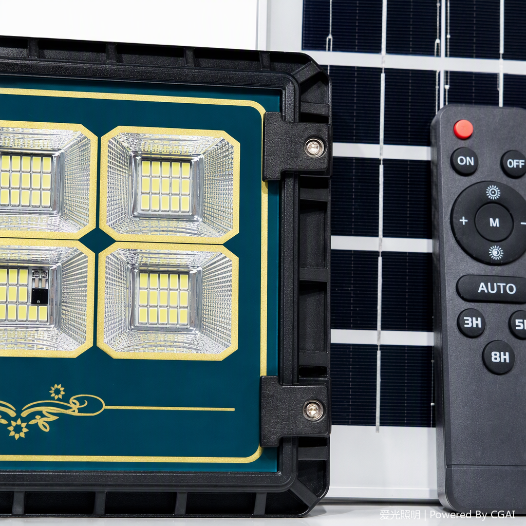 Green Gold Leopard model exclusively for foreign trade, black solar kitchen and bathroom light strip with six LED beads, 50W waterproof IP66 remote control panel for outdoor lighting, multiple power options available Application Scenario