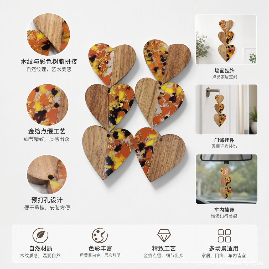 Fashionable heart-shaped pendant, orange, yellow, black and gold debris and wood grain spliced simple and individual necklace accessory gift