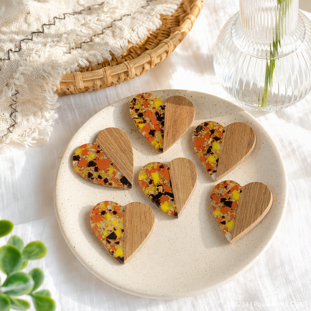 Fashionable heart-shaped pendant, orange, yellow, black and gold debris and wood grain spliced simple and individual necklace accessory gift details Picture