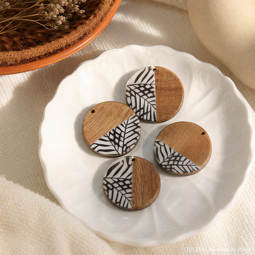 Four circular wooden pendant accessories with transparent packaging in natural wood color and black and white leaf vein pattern details Picture