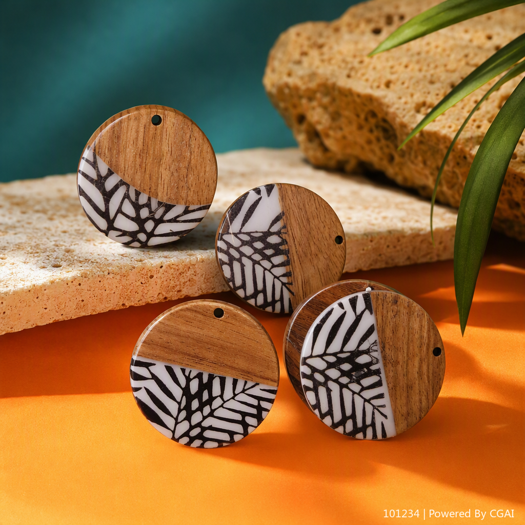 Four circular wooden pendant accessories with transparent packaging in natural wood color and black and white leaf vein pattern Specification image