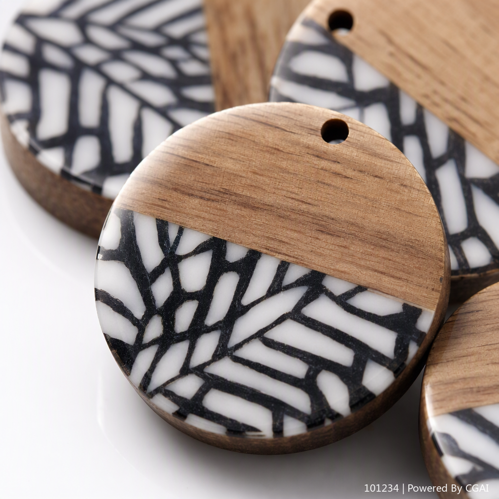 Four circular wooden pendant accessories with transparent packaging in natural wood color and black and white leaf vein pattern Application Scenario