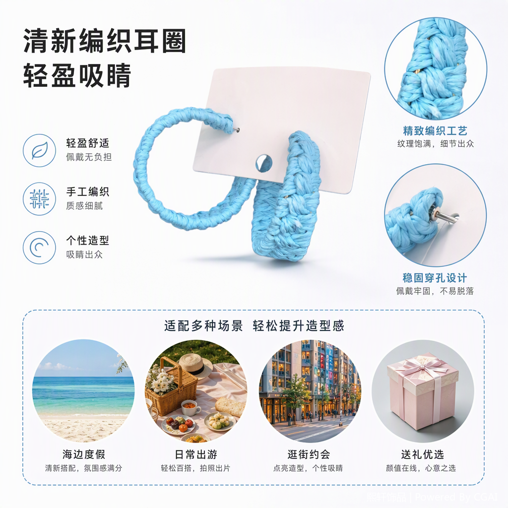 时尚简约浅蓝色编织耳环女潮流百搭个性耳饰耳钉耳坠配饰品