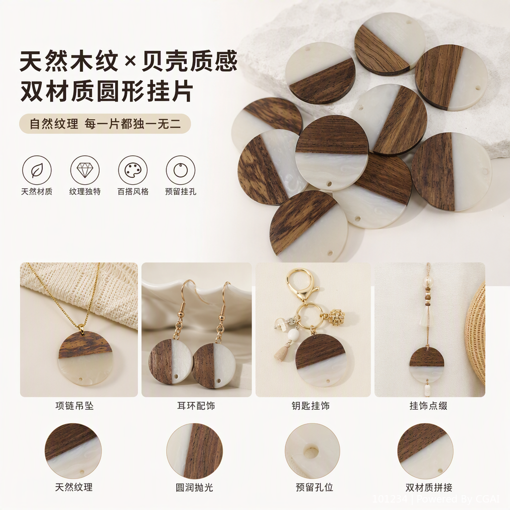 Handcrafted round pendant, wooden shell spliced, retro and fashionable necklace accessory gift