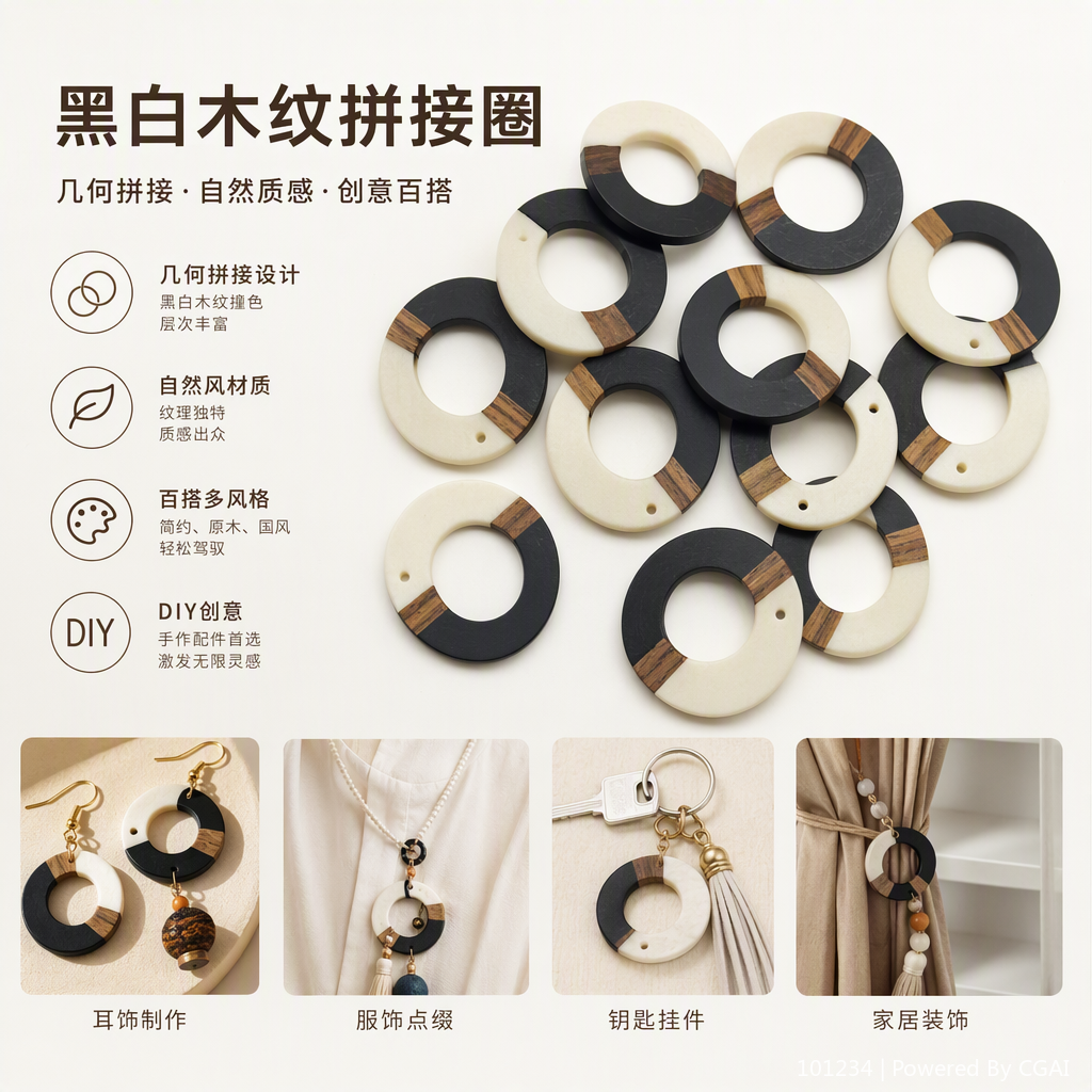Black and white wood grain circular pendant, simple, retro, fashionable, individual and trendy necklace accessory gift