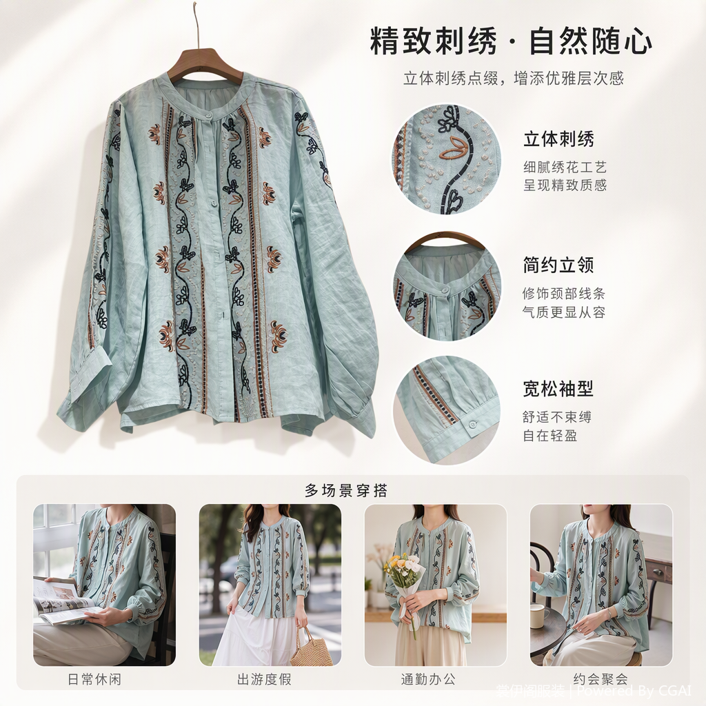 浅绿色刺绣长袖衬衫优雅百搭春秋休闲女装时尚气质上衣