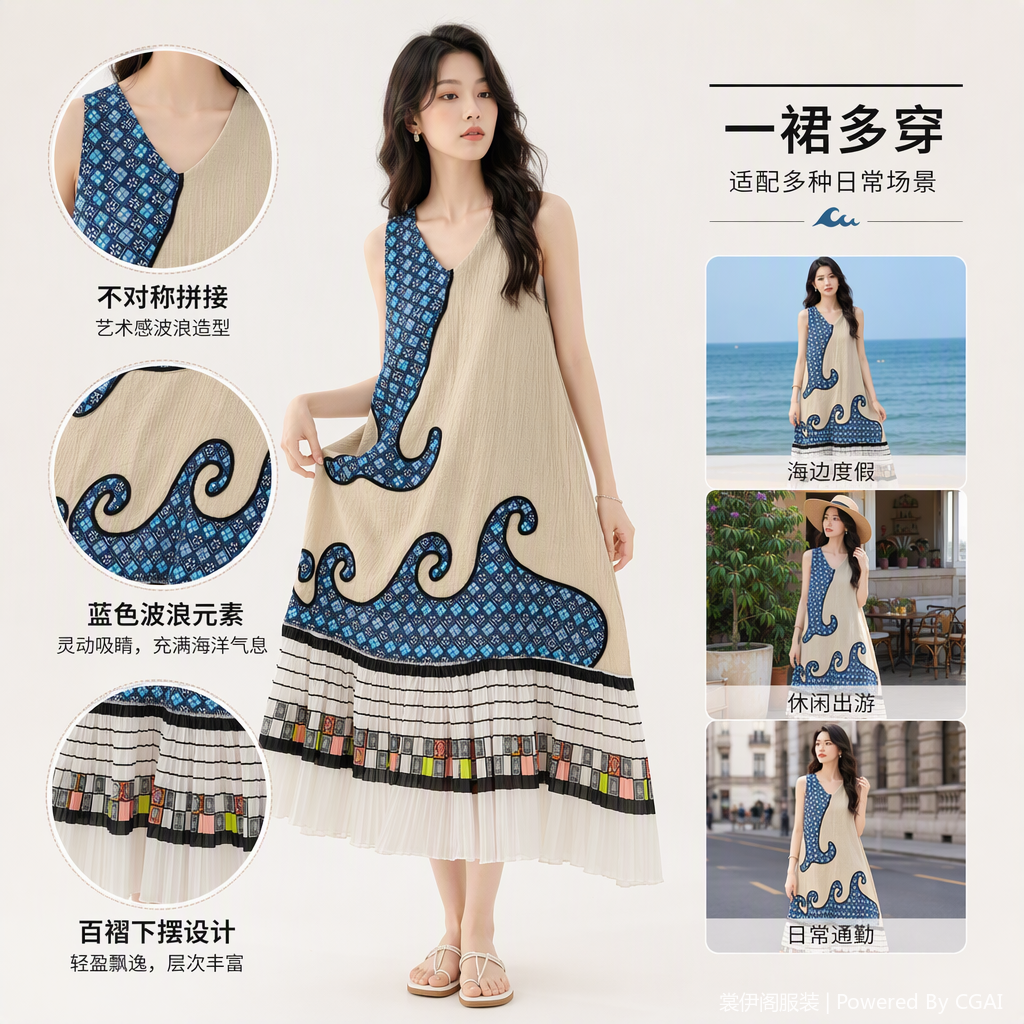 时尚蓝白波浪纹无袖连衣裙夏季百搭气质显瘦休闲裙子女装潮流款
