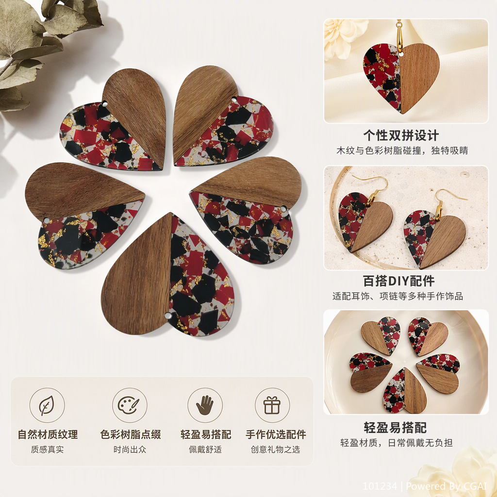 A heart-shaped pendant with red, black and gold broken cracks and wood grain spliced together is a fashionable and personalized couple necklace accessory gift