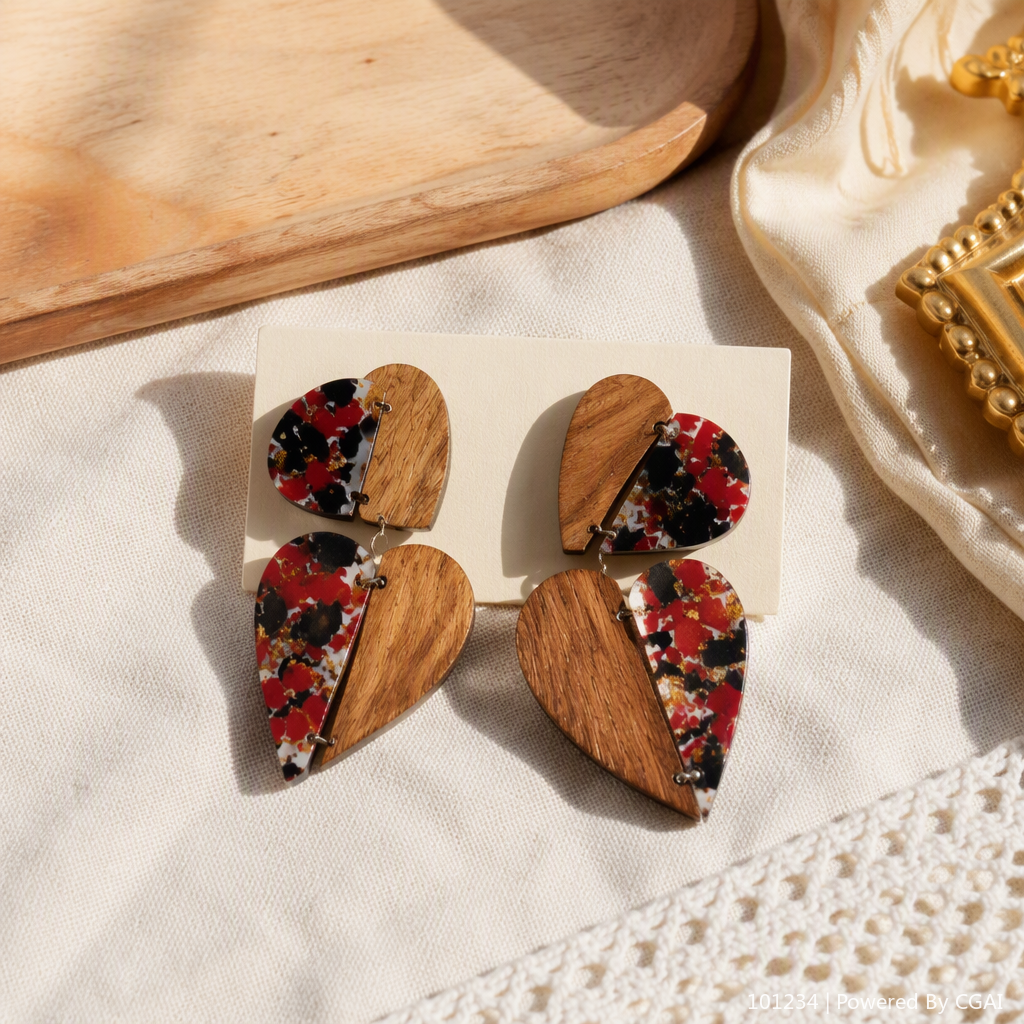 A heart-shaped pendant with red, black and gold broken cracks and wood grain spliced together is a fashionable and personalized couple necklace accessory gift details Picture