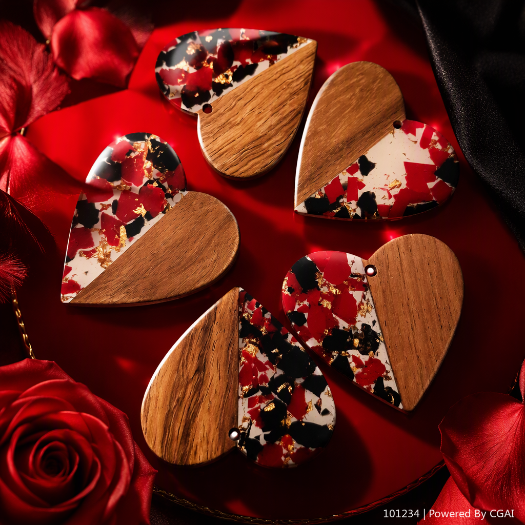 A heart-shaped pendant with red, black and gold broken cracks and wood grain spliced together is a fashionable and personalized couple necklace accessory gift Specification image