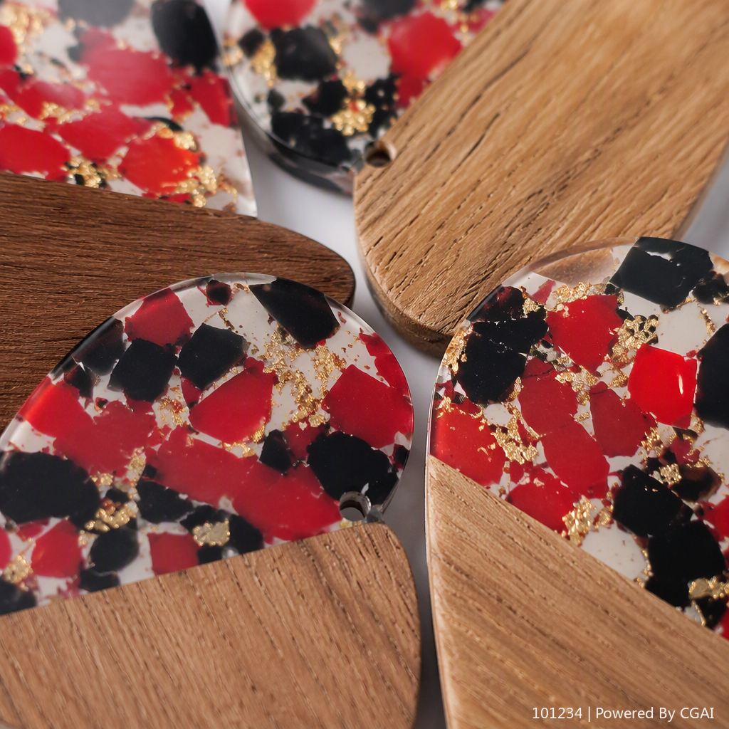 A heart-shaped pendant with red, black and gold broken cracks and wood grain spliced together is a fashionable and personalized couple necklace accessory gift Application Scenario