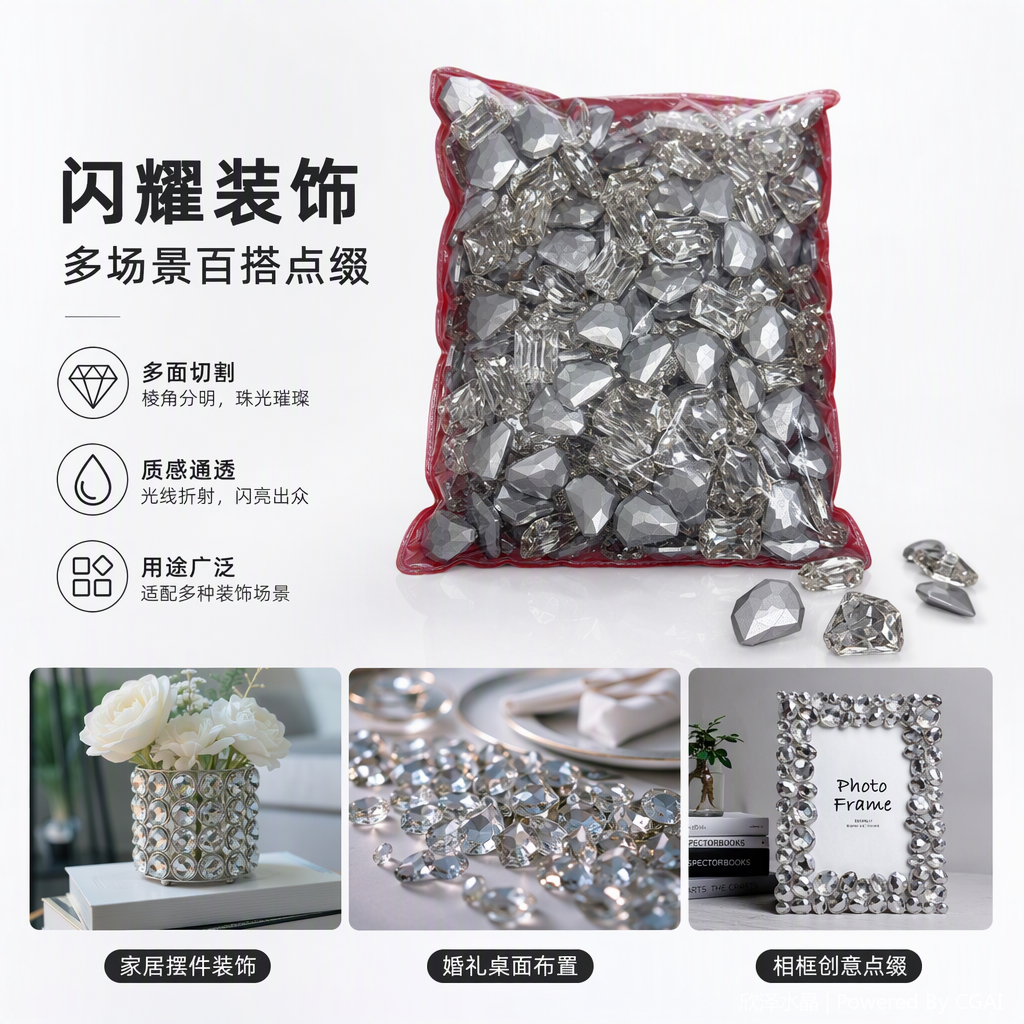 银色多面体水晶装饰件透明塑料袋包装家居摆件工艺品装饰品