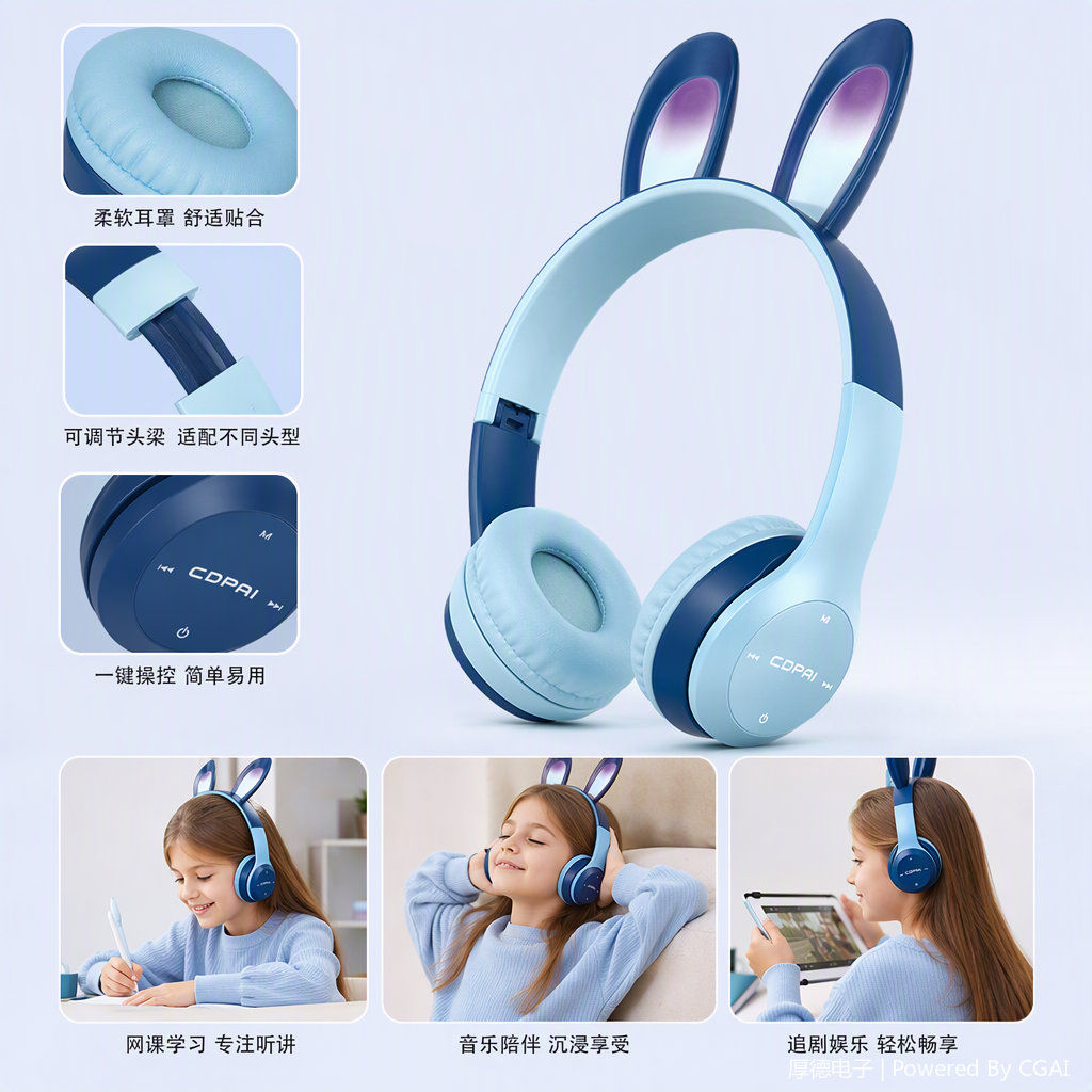 Colorful rabbit-ear wireless headphones, fashionable and trendy Bluetooth earbuds with charging cases, portable and suitable for sports