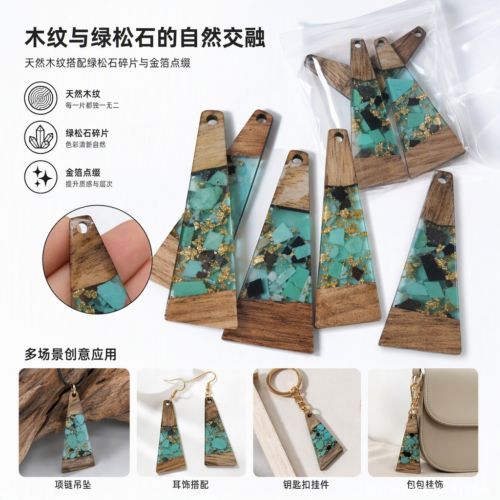 Turquoise gold chip inlaid wood chip pendant, transparent plastic bag packaging, fashionable and personalized accessory