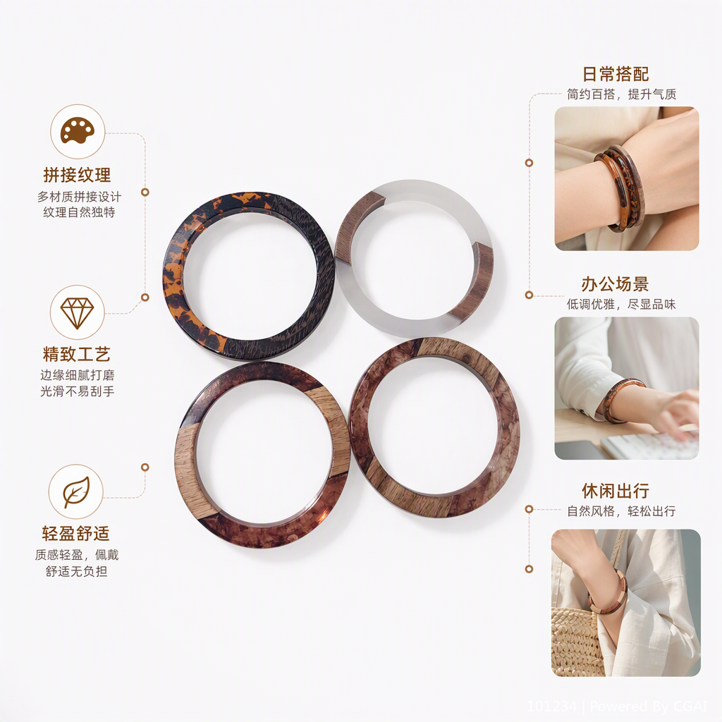 Four simple and retro wooden textured fashion bracelets are recommended as versatile trendy accessories and gifts