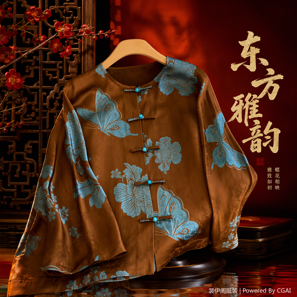 棕色蝴蝶花卉图案中式上衣细节图