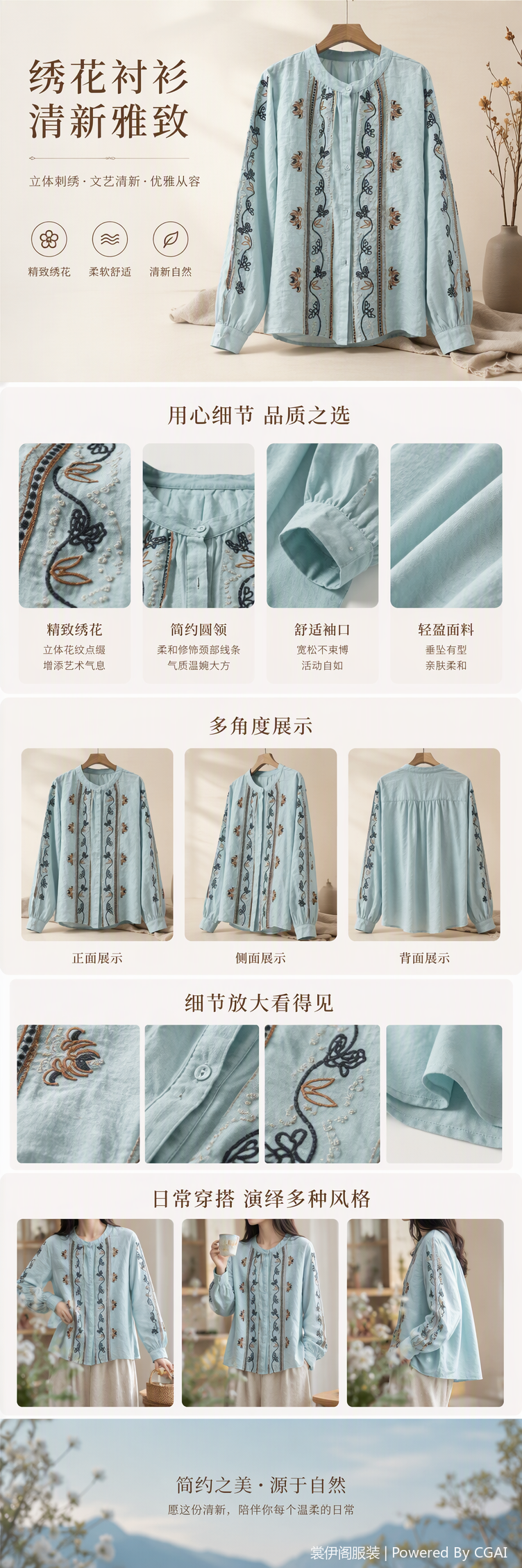 浅绿色刺绣长袖衬衫优雅百搭春秋休闲女装时尚气质上衣详情1
