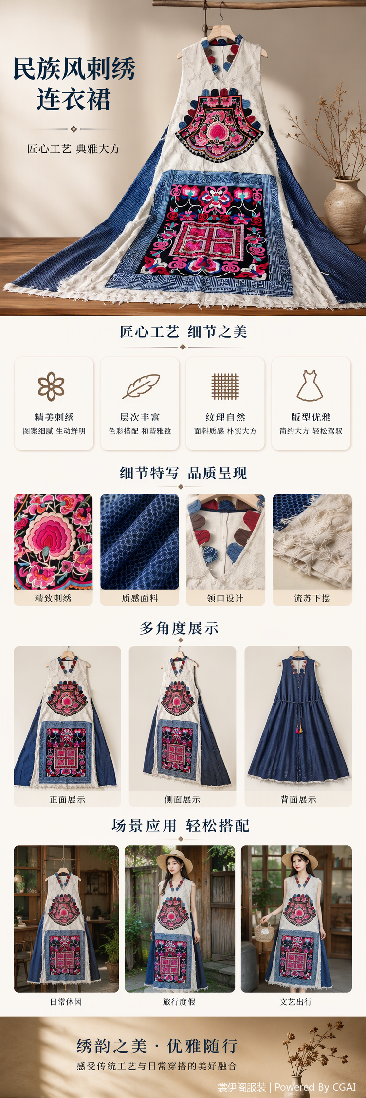 多彩刺绣民族风长款连衣裙优雅复古夏季新款女士长裙子潮流百搭款详情1