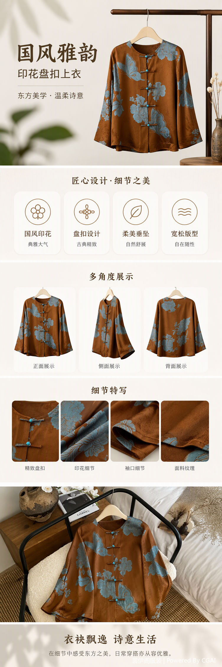 复古中式棕色蝴蝶花卉图案短袖上衣优雅百搭女装夏季新款详情1