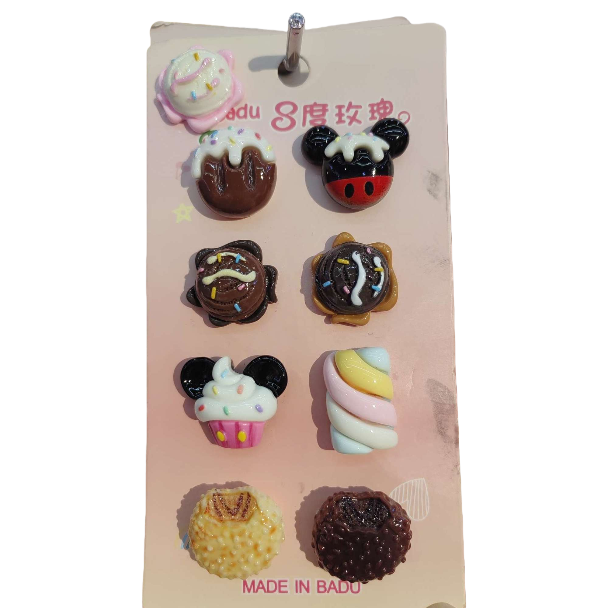 Colorful dessert-shaped accessories, pink card display, Mickey paper cups, ice cream, chocolate balls, decorative gifts and ornaments Application Scenario