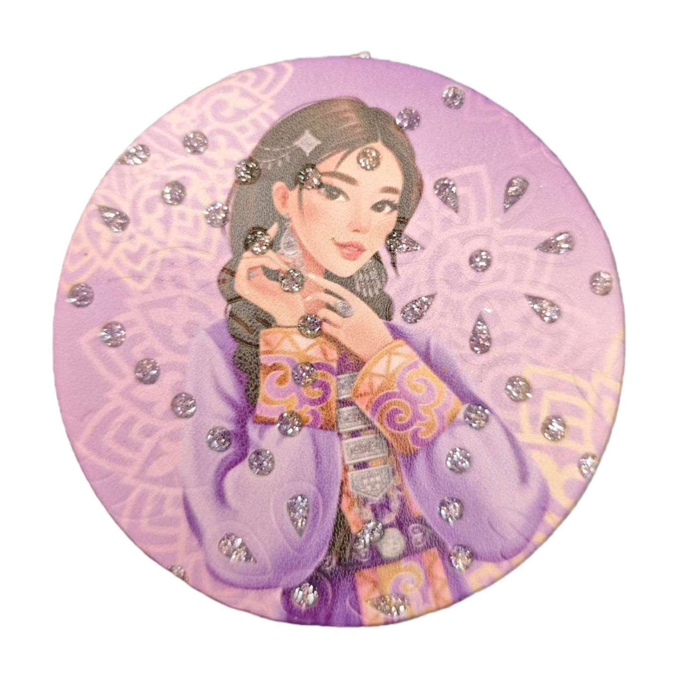 紫色圆形徽章插画女性传统服饰点缀银色水滴亮片装饰时尚饰品配件白底实物图