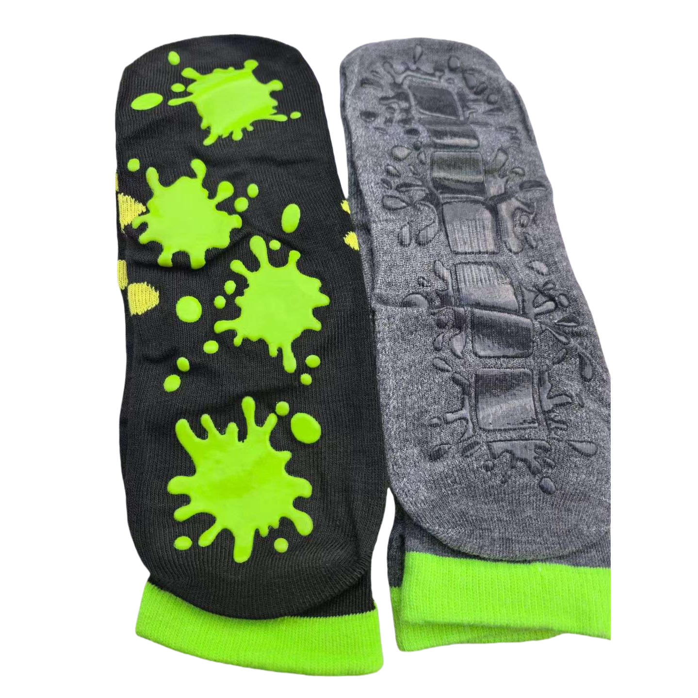 Black fluorescent green stain pattern sports socks, grey anti-slip texture casual socks for men and women, comfortable, breathable and trendy style Item Picture
