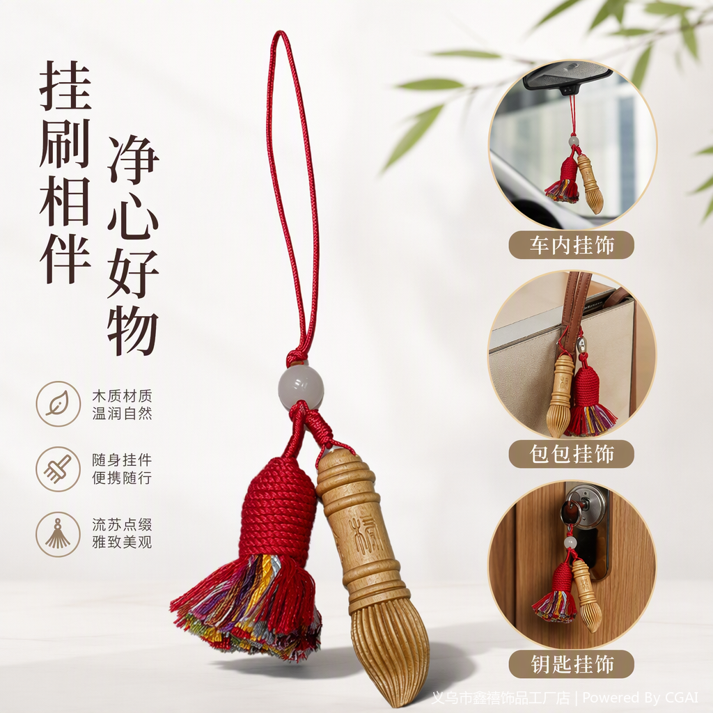 Colgante rojo con madera pincel pequeño colgante creativo colgante hecho a mano decoración del hogar regalo accesorios
