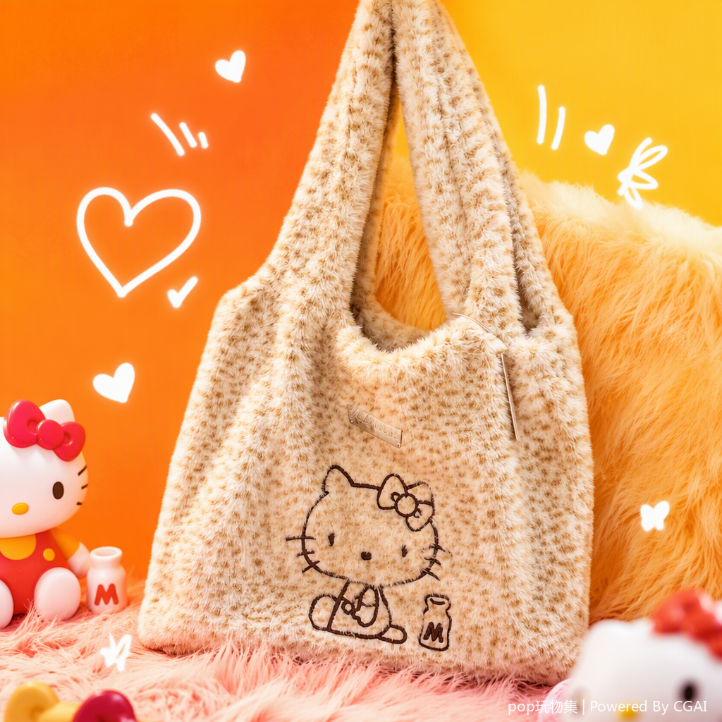 米白豹纹毛绒Hello Kitty手提包细节图