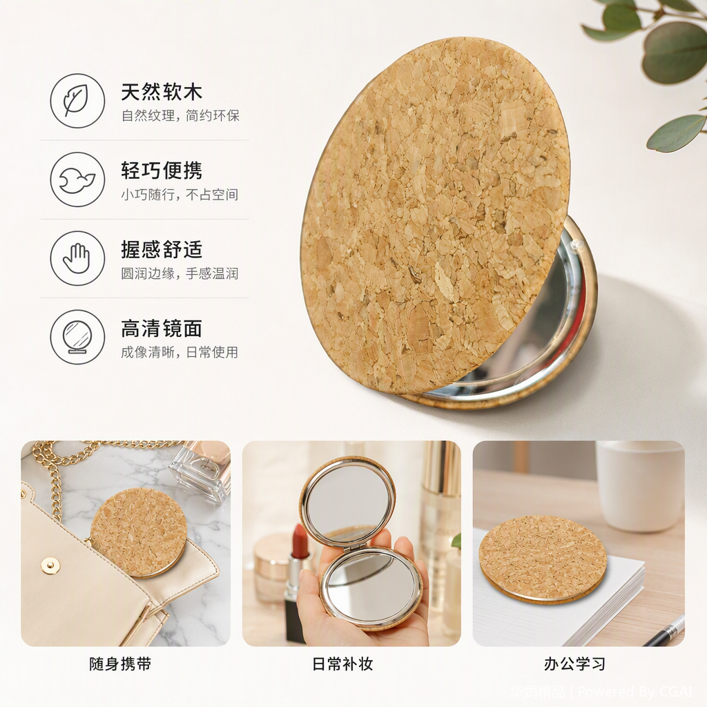 复古棕色软木盖圆形镜子简约创意化妆镜桌面装饰品家居摆件