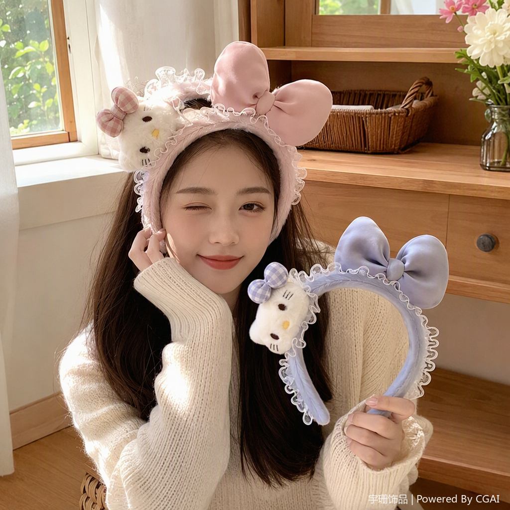 Hello Kitty pink and blue bow plush hair band, children's cute hair accessory, headwear, hair band, hair clip accessory details Picture