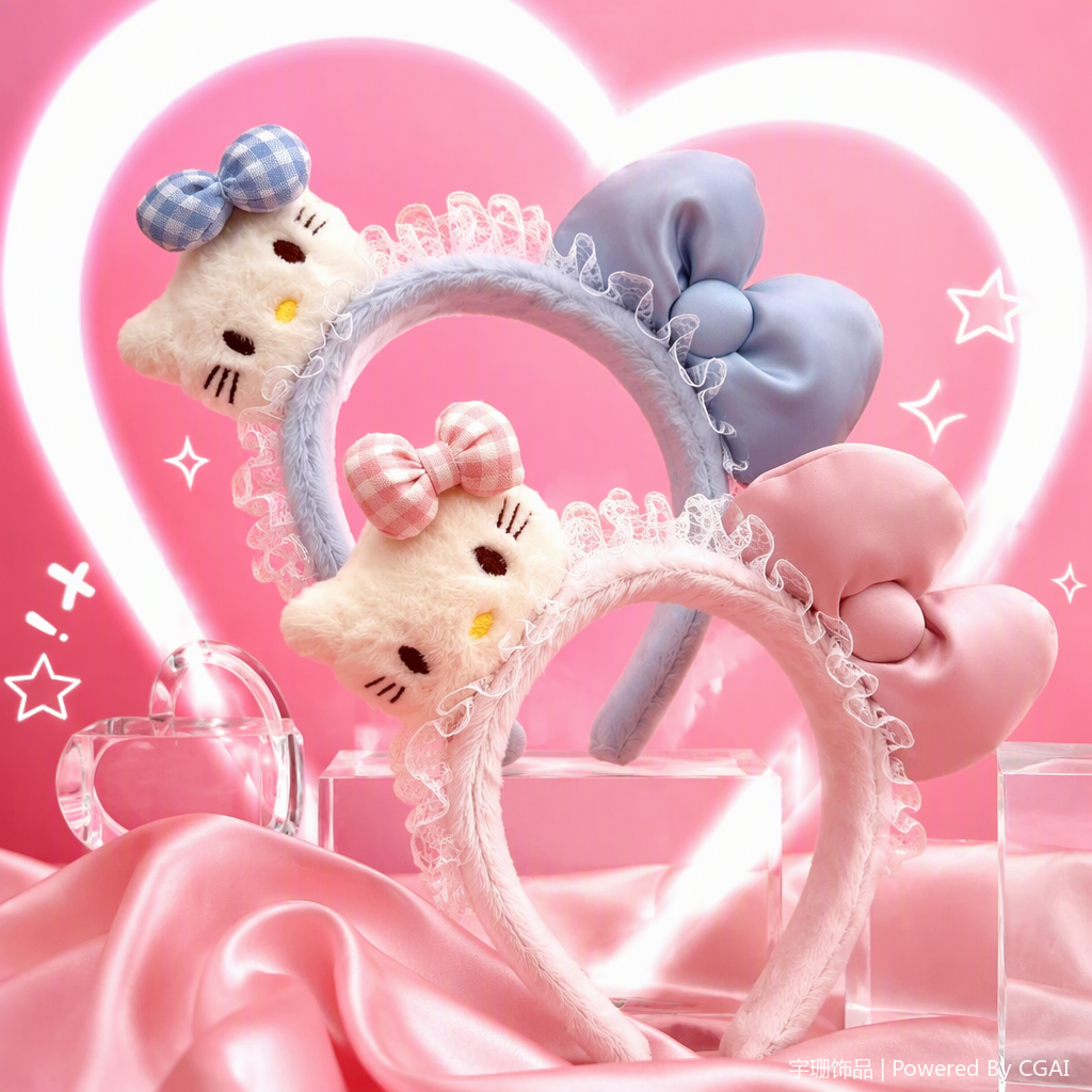 Hello Kitty pink and blue bow plush hair band, children's cute hair accessory, headwear, hair band, hair clip accessory Specification image