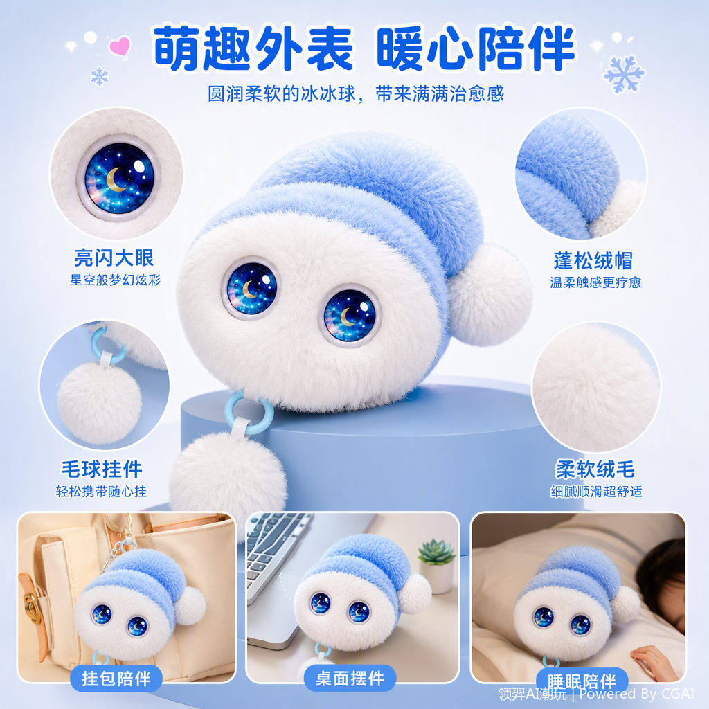 蓝白毛绒冰冰球趣味互动智能玩偶儿童益智玩具软萌可爱陪伴伙伴
